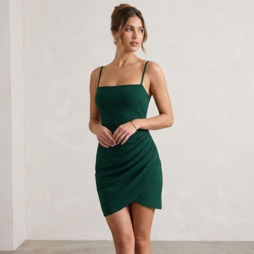 Windsor Dress Size L Emerald Green Ruched Bodycon Faux Wrap Mini Party Clubwear